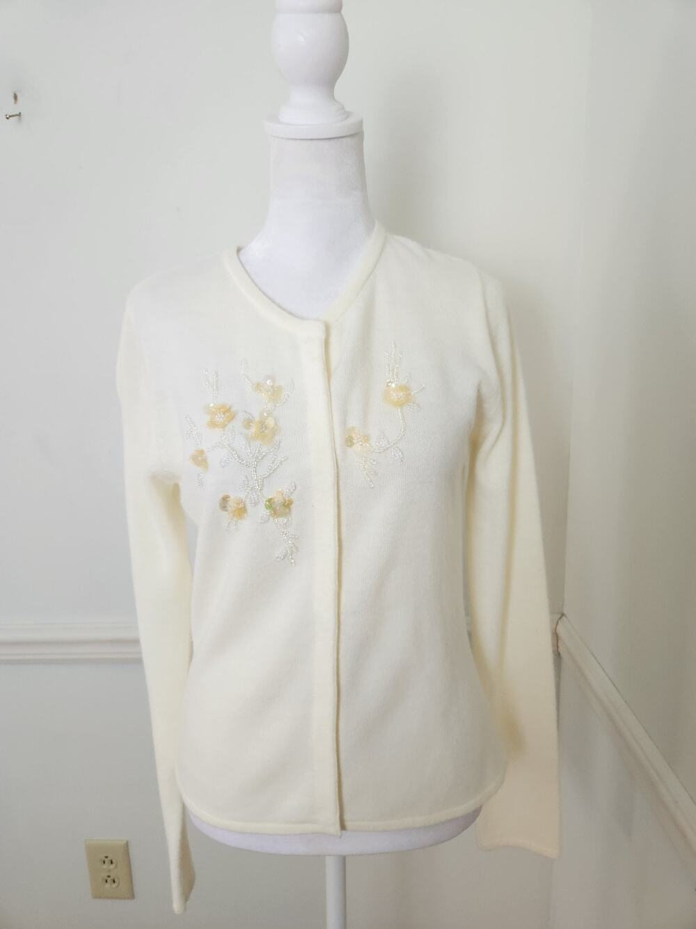 Vtg Y2K Free People Cardigan Sweater Sz Medium Floral Sequin Bead Cottagecore